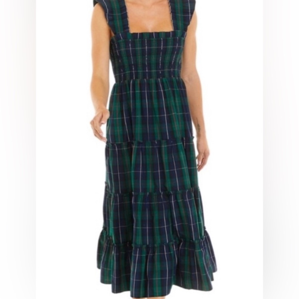 Plaid / tartan blue and green midi smocked 100% cotton dress Crown and Ivy XL